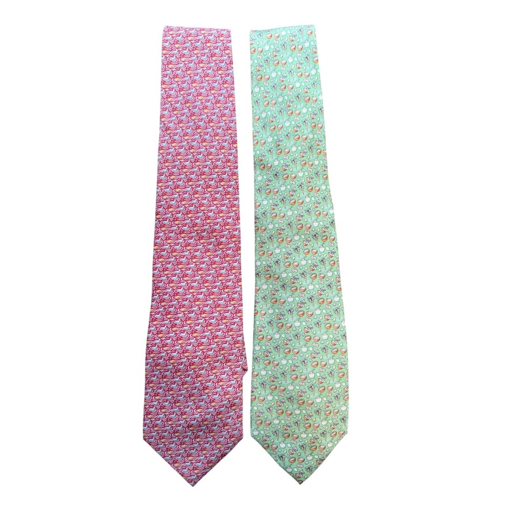 Vineyard Vines Silk Necktie Lot 2 OS Novelty Duck Coconut Green Pink USA